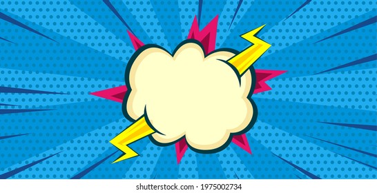 Pop art comic background with exploding cloud and bolt. Cartoon Vector Illustration on blue