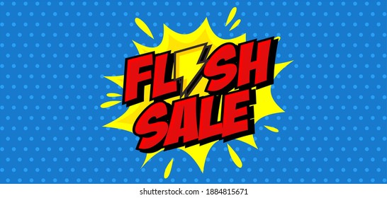 Pop art comic background with Flash sale text. Cartoon Vector Illustration on blue halftone 