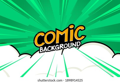 Pop art comic background with halftone elements with clouds. Cartoon vector illustration.