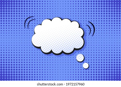 Pop art comic background. Halftone dotted pattern with speech bubble. Blue print with circles. Cartoon vintage print. Duotone banner. Superhero texture with half tone effect. Vector illustration.