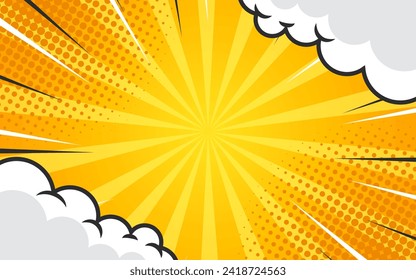 Pop art comic background with halftone colors and cute clouds