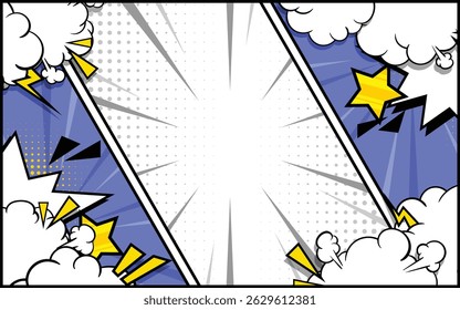 Fondo de cómic de arte Pop con colores semitonos y Vector de nubes lindas, EPS 10.