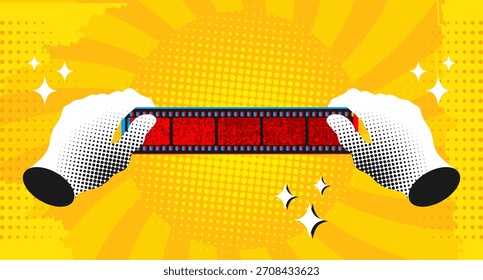 Pop art comic background with hands holding film strip. Retro style movie cinema background with color halftone, dots and rays. Vector illustration
