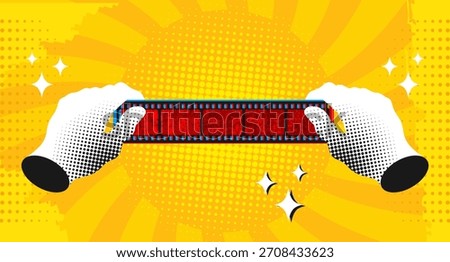 Pop art comic background with hands holding film strip. Retro style movie cinema background with color halftone, dots and rays. Vector illustration