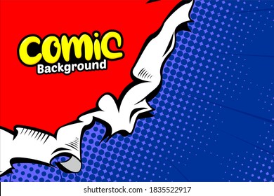 Pop art comic background with hole or torn effect and dot halftone. Cartoon Vector Illustration on Blue