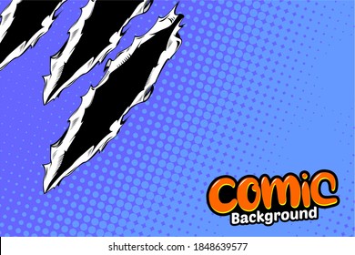 Pop art comic background with hole or torn effect and dot halftone. Cartoon Vector Illustration on blue