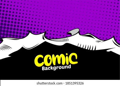 Pop art comic background with hole or torn paper effect and dot halftone. Cartoon Vector Illustration on purple