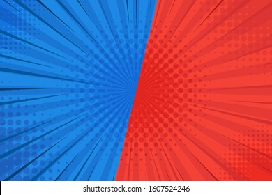 Pop art comic background lightning blast halftone dots. Cartoon Vector Illustration on red and blue.