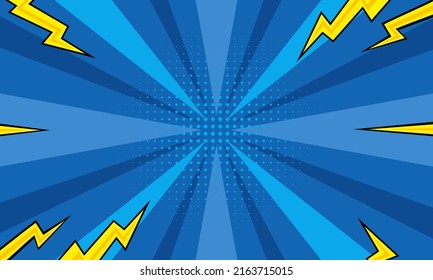 Pop art comic background with lightning. Cartoon Vector Illustration in blue