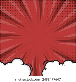 Pop art comic background with lightning flashes, stars and clouds. cartoon frame, retro cover halftone effect. Red colored cartoon comic abstract background template