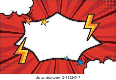 Pop art comic background with lightning flashes, stars and clouds. cartoon frame, retro cover halftone effect. Red colored cartoon comic abstract background template