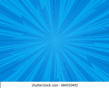 Pop art comic background lightning blast halftone dots. Cartoon Vector Illustration on blue
