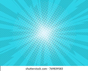 Pop Art Comic Background Lightning Blast Halftone Dots. Cartoon Vector Illustration On Blue