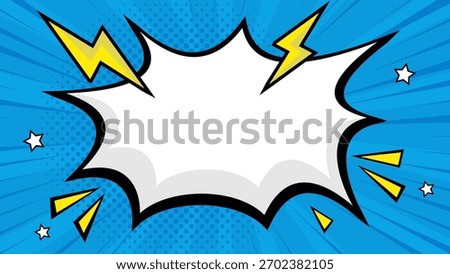 Pop Art Comic Background with Lightning Burst Blue Halftone Explosion Frame Retro Cartoon Design Template.