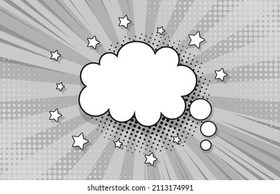 Pop art comic background. Monochrome dotted print with speech bubble and stars. Halftone starburst pattern. Cartoon vintage texture. Duotone banner with half tone effect. Vector illustration.