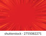 Pop art comic background with radial burst. Comic book red background with sunburst effect and stars. Dynamic comic halftone design