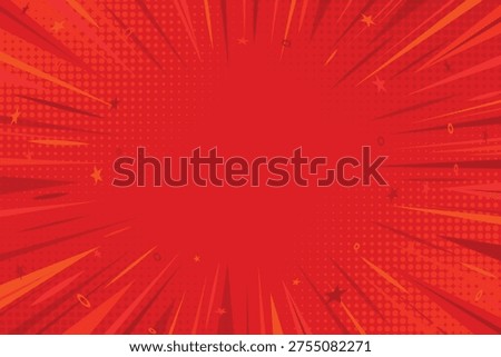 Pop art comic background with radial burst. Comic book red background with sunburst effect and stars. Dynamic comic halftone design