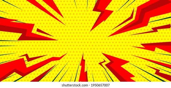 Pop art comic background with red thunder flash. Cartoon Vector Illustration on yellow