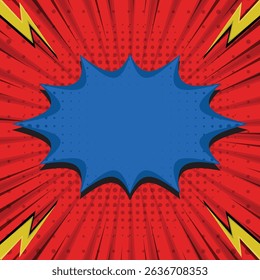 Pop art comic background, retro blank frame radial background with halftone effect vector