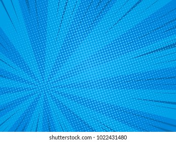Pop art comic background speed beams halftone dots. Cartoon Vector Illustration on blue