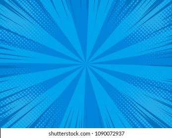 Pop art comic background with speed lines, radial rays and halftone dots. Cartoon Vector Illustration on blue