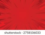 Pop art comic background with thunder and lightning flash. Red comic book background. Explosion radial burst with halftone