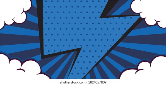 El fondo cómico del arte pop con flash trueno y ráfaga . Ilustración del vector de dibujos animados en azul