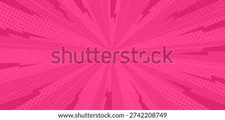 Pop art comic background with thunder burst. Pink sunburst effect background with halftone. Explosion radial lines abstract comic book, anime style, lightning. Vector illustration.