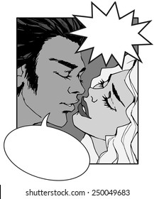 Pop Art Comic black and white Illustration with various speech bubbles. Kissing couple. St. Valentine's Day Concept.