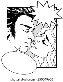 Pop Art Comic black and white Illustration with various speech bubbles. Kissing couple. St. Valentine's Day Concept.