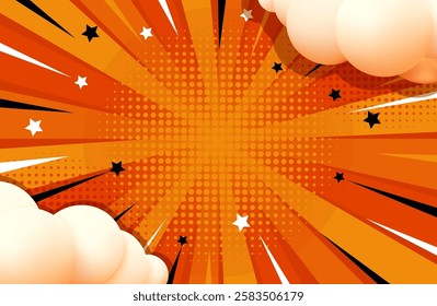 Pop art comic blank background on red with clouds