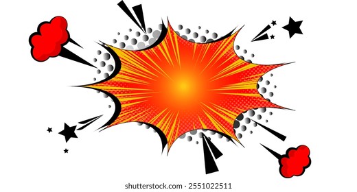 Pop art comic blank text speech bubbles. Halftone pop art style starburst pattern cartoon background vintage tone light effect. Vector illustration wow gradient design banner.