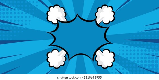 Pop art comic blue background with smoke clouds. Blue Vector Illustration Cartoon background