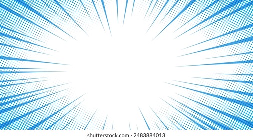 Pop Art Comic Blau Hintergrund mit Halbton, Strahlen, Gradient. Vektorgrafik-Cartoon-Illustration im Retro-Stil. Design für Comic, Poster, Banner