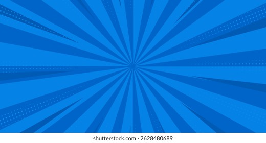 Pop art quadrinhos fundo azul com meio-tom, raios, gradiente. Ilustração de desenho animado vetorial em estilo retrô. Design para quadrinhos, cartaz, banner