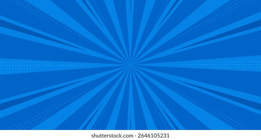 Pop art comic blue background with halftone, rays, gradient. Vector cartoon illustration in retro style. Design for comic book, poster, banner