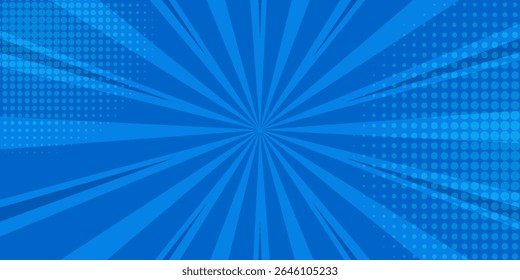 Pop art comic blue background with halftone, rays, gradient. Vector cartoon illustration in retro style. Design for comic book, poster, banner