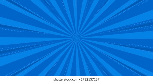 Pop art comic blue background with halftone, rays, gradient. Vector cartoon illustration in retro style. Design for comic book, poster, banner