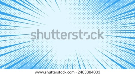 Pop art comic blue background with halftone, rays, gradient. Vector cartoon illustration in retro style. Design for comic book, poster, banner