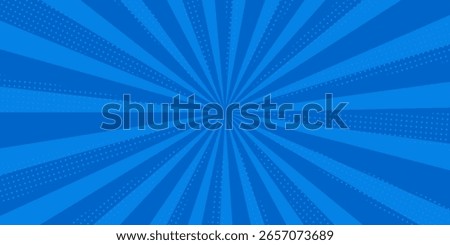 Pop art comic blue background with halftone, rays, gradient. Vector cartoon illustration in retro style. Design for comic book, poster, banner