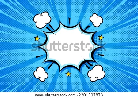 Pop art comic blue copy space background with clouds, star, halftone, rays, gradient. Vector cartoon illustration in retro style. Design for comic book, poster, banner
