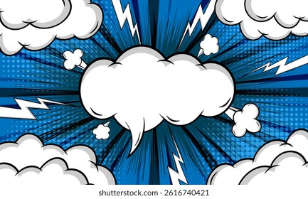 Pop art comic blue halftone background with cloud and thunder flash. Cartoon Illustration