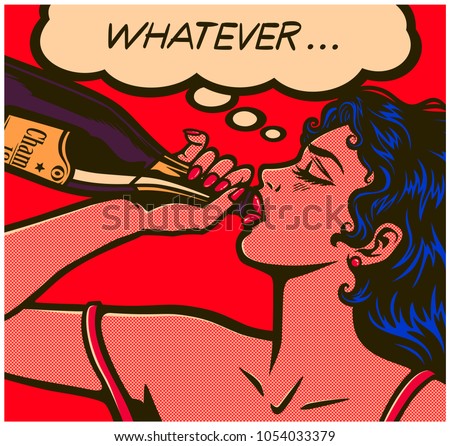 Pop art comic book careless desperate girl binge drinking to forget problems champagne bottle alcohol abuse vector illustration