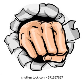 A pop art comic book cartoon fist punching a hole in the background