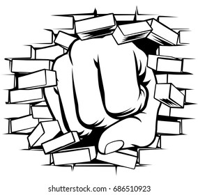 A pop art comic book cartoon fist punching a through a brick wall