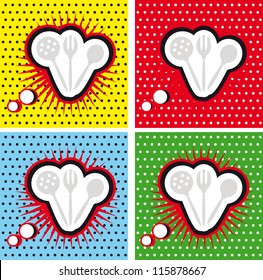 Pop Art Comic book Kitchen cooking sign set , comic book style. Add your logo or text on the comic bobble. Colors are very easy to change. No transparency and gradients used.