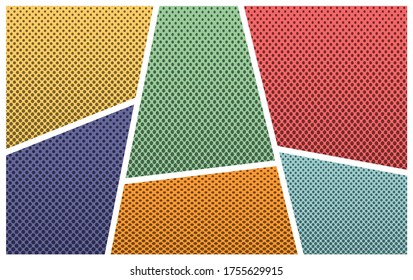 Pop art comic book page background. Colorful frames divided by lines with halftone and dotted effects. Cartoon vector illustration.