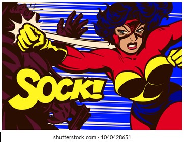 Pop art comic book panel with super heroine fighting, throwing punch and beating supervillain vector female superhero poster illustration