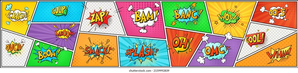 Pop art comic book speech bubbles and sound effects on colorful background. Funny vintage strip layout mock up. Cartoon vintage explosion cloud messages, bang explosion with talk phrases, text boxes. svg