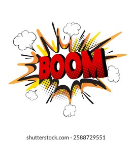 Pop art comic book speech bubble with cute vintage strip layout, explosion cloud message, with text BOOM